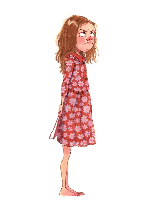 Illustration of an angry girl in a red floral dress by Amandine Dugon