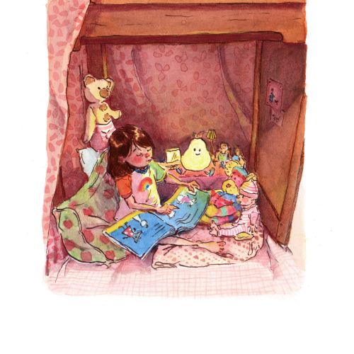 Child reading book in cozy nook under loft bed with toys by Amandine Dugon