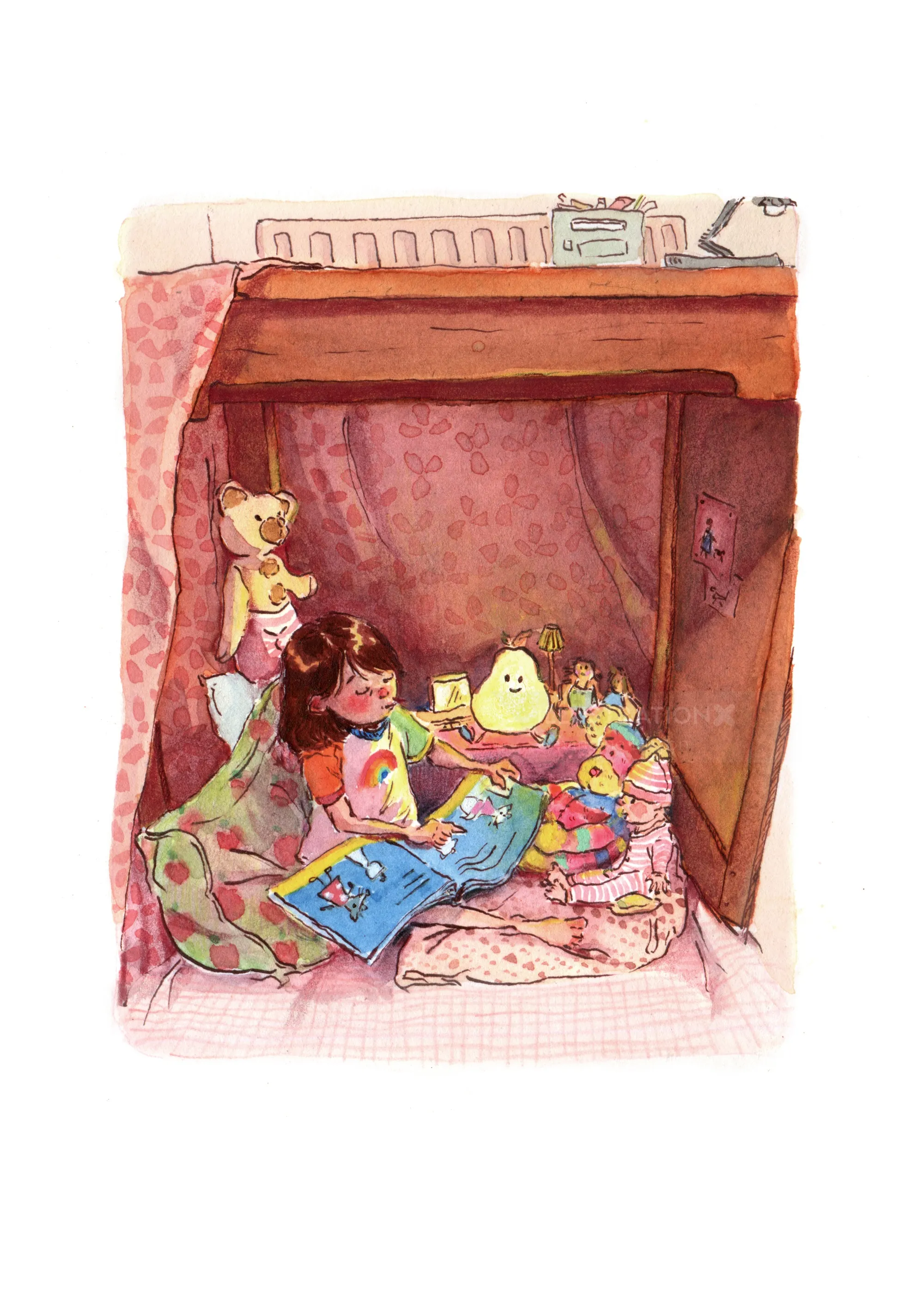 Child reading book in cozy nook under loft bed with toys by Amandine Dugon