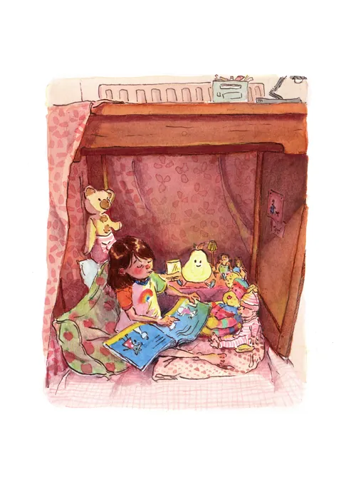 Child reading book in cozy nook under loft bed with toys by Amandine Dugon