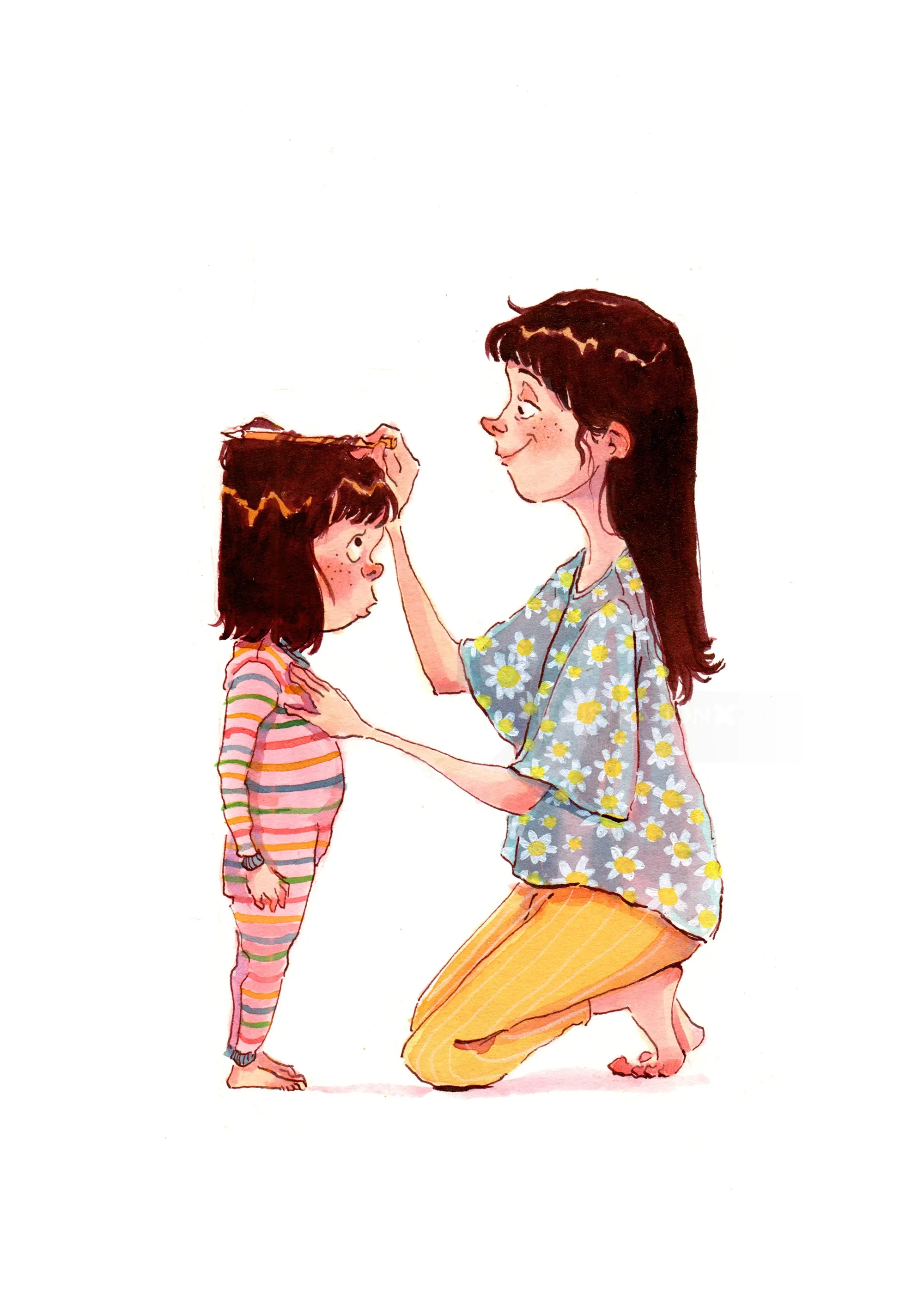 Mother gently touching young daughter's forehead illustration by Amandine Dugon
