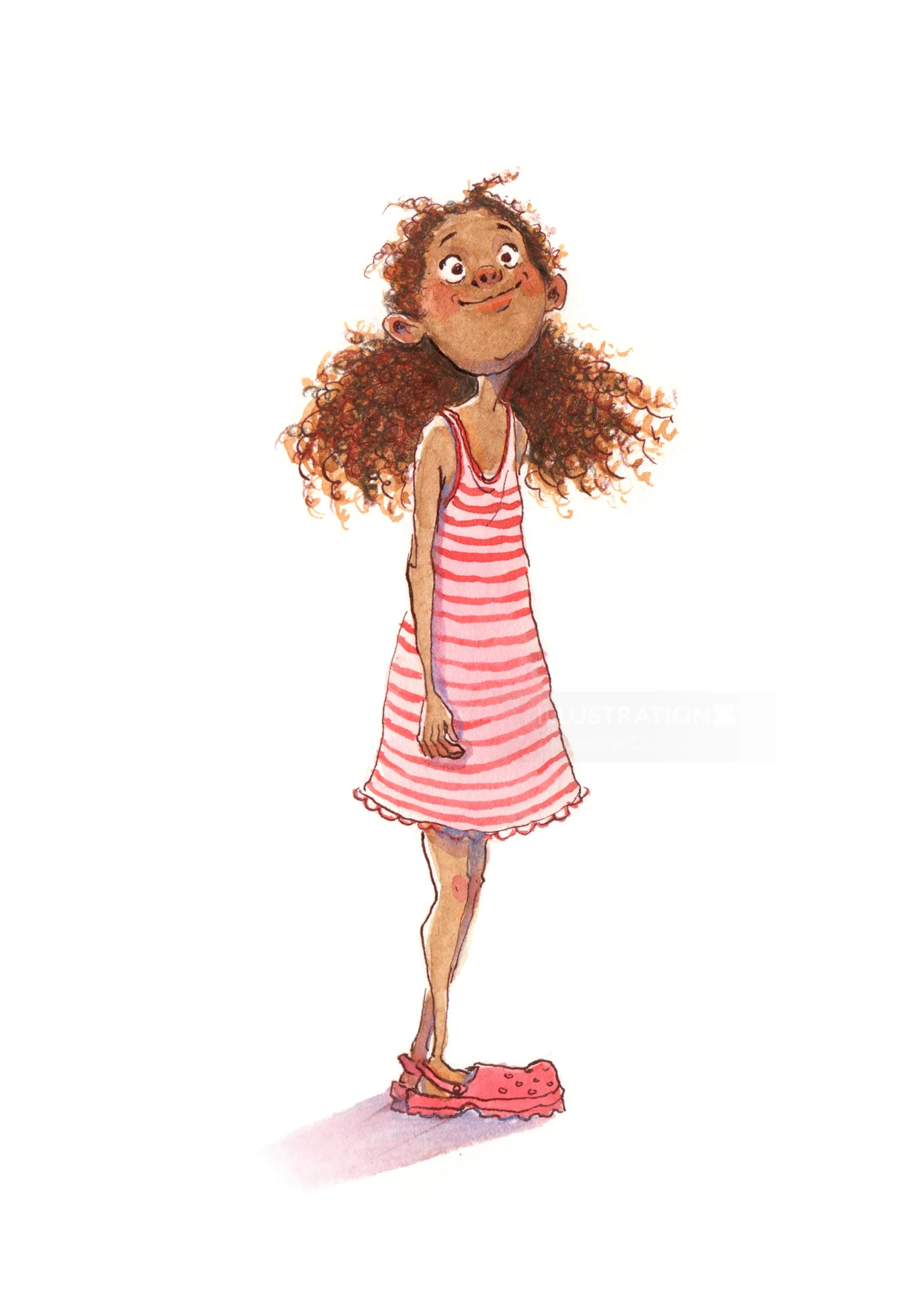 Illustration of a curly-haired girl in a pink striped dress by Amandine Dugon