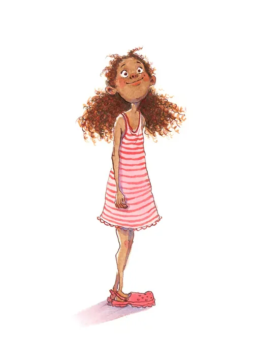 Illustration of a curly-haired girl in a pink striped dress by Amandine Dugon