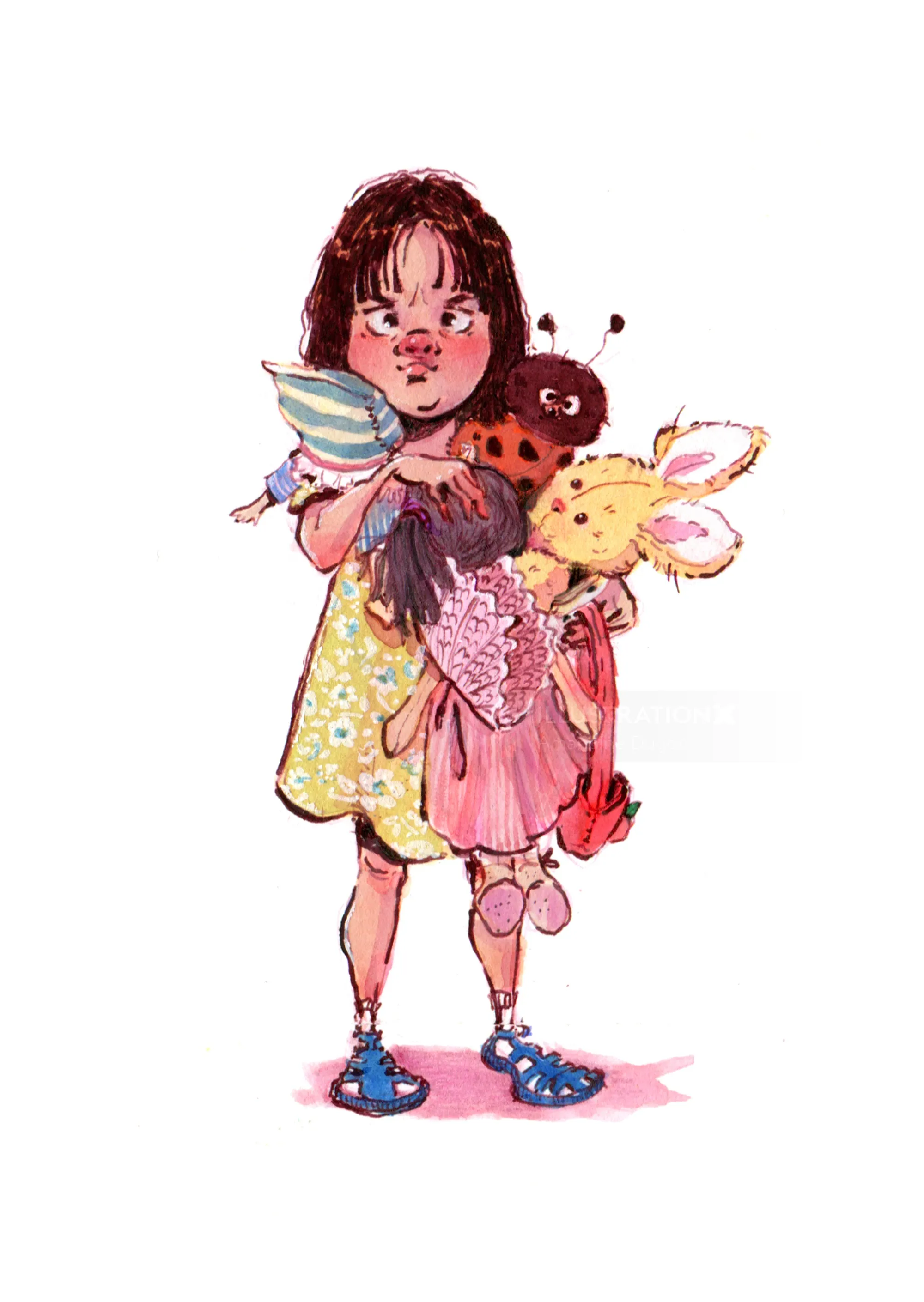Illustration of a girl holding stuffed animals by Amandine Dugon