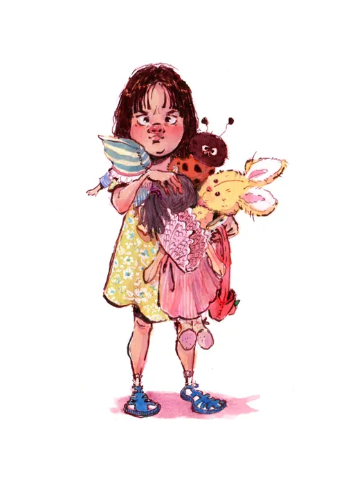 Illustration of a girl holding stuffed animals by Amandine Dugon