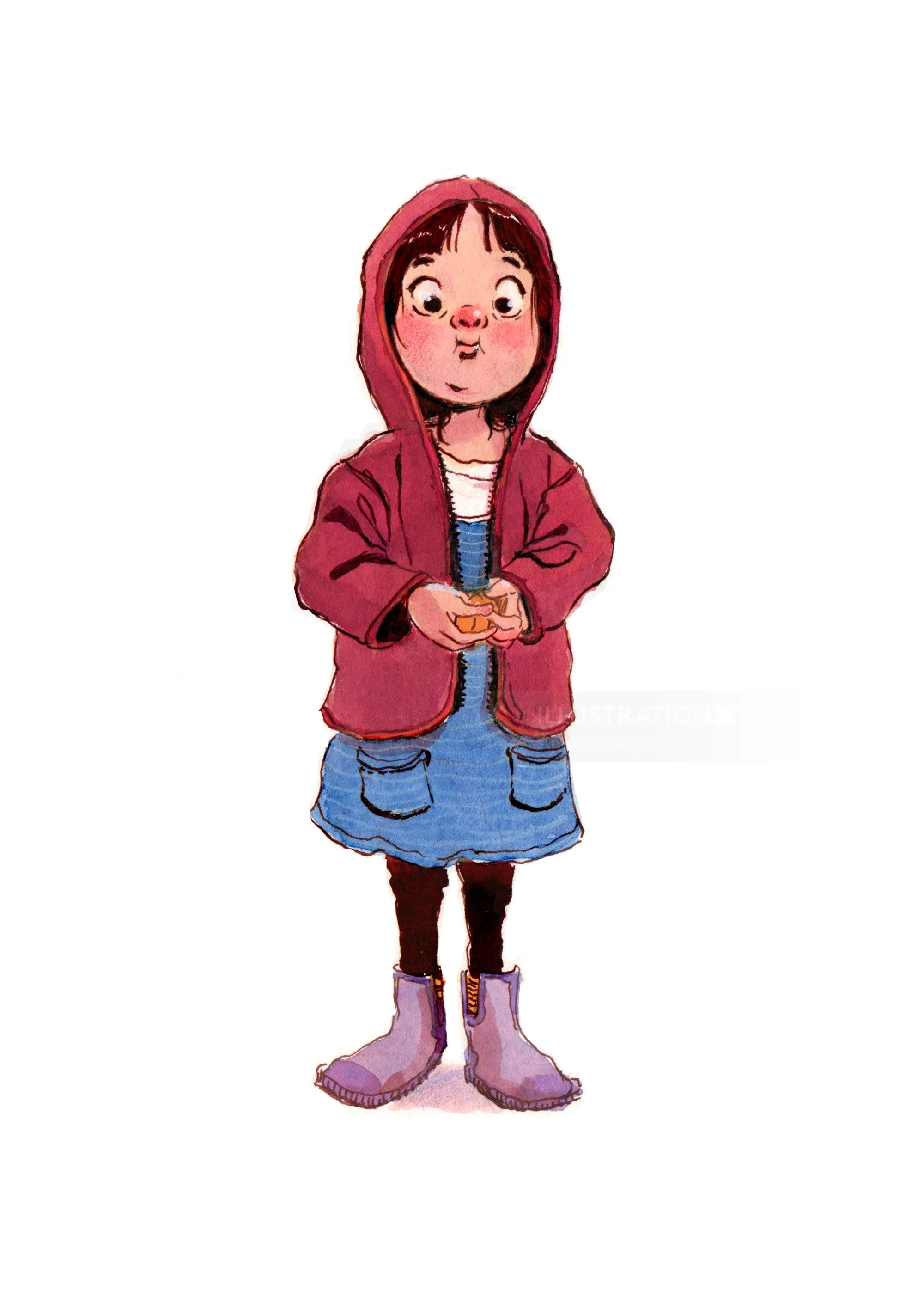 Illustration of a girl with red hoodie holding an orange fruit by Amandine Dugon