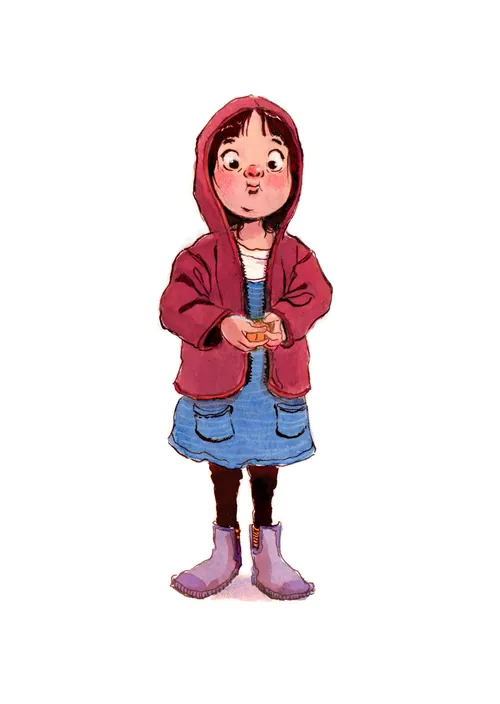 Illustration of a girl with red hoodie holding an orange fruit by Amandine Dugon