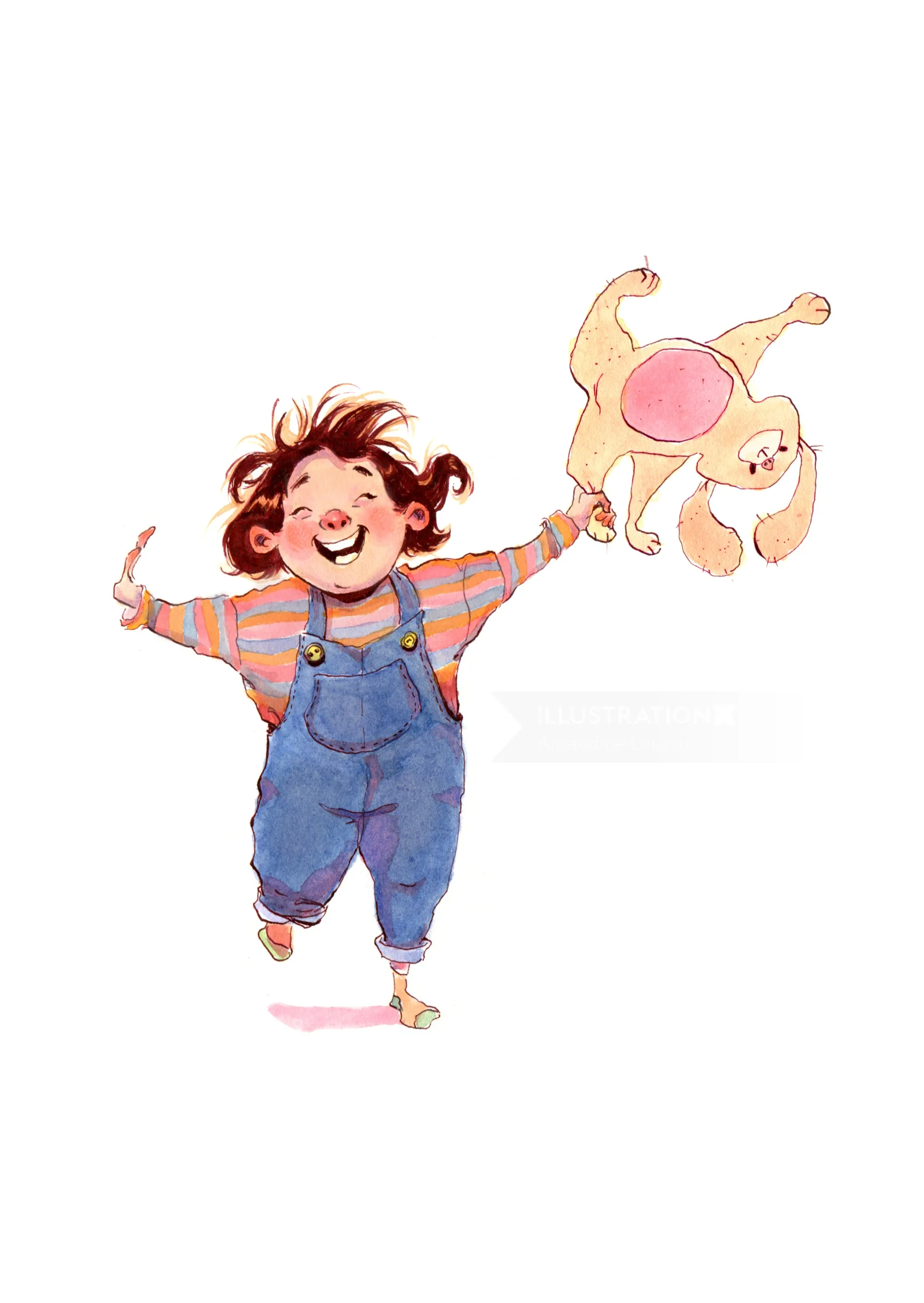 Joyful child throwing playful cat in the air illustration by Amandine Dugon