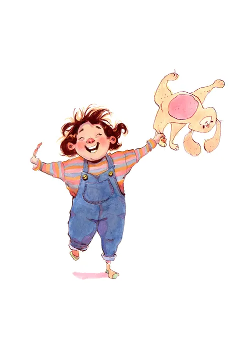 Joyful child throwing playful cat in the air illustration by Amandine Dugon