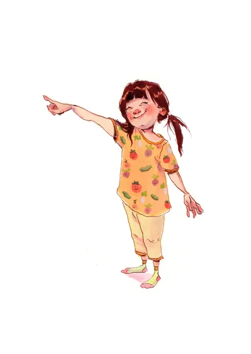 Illustration of a smiling young girl pointing, by Amandine Dugon