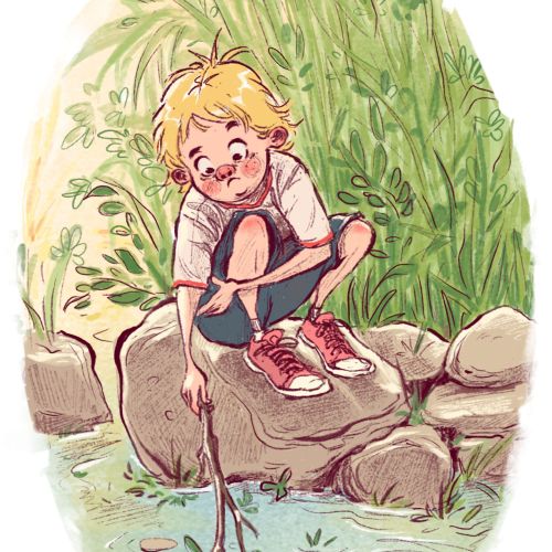 Young boy playing by a pond with a stick, illustration by Amandine Dugon