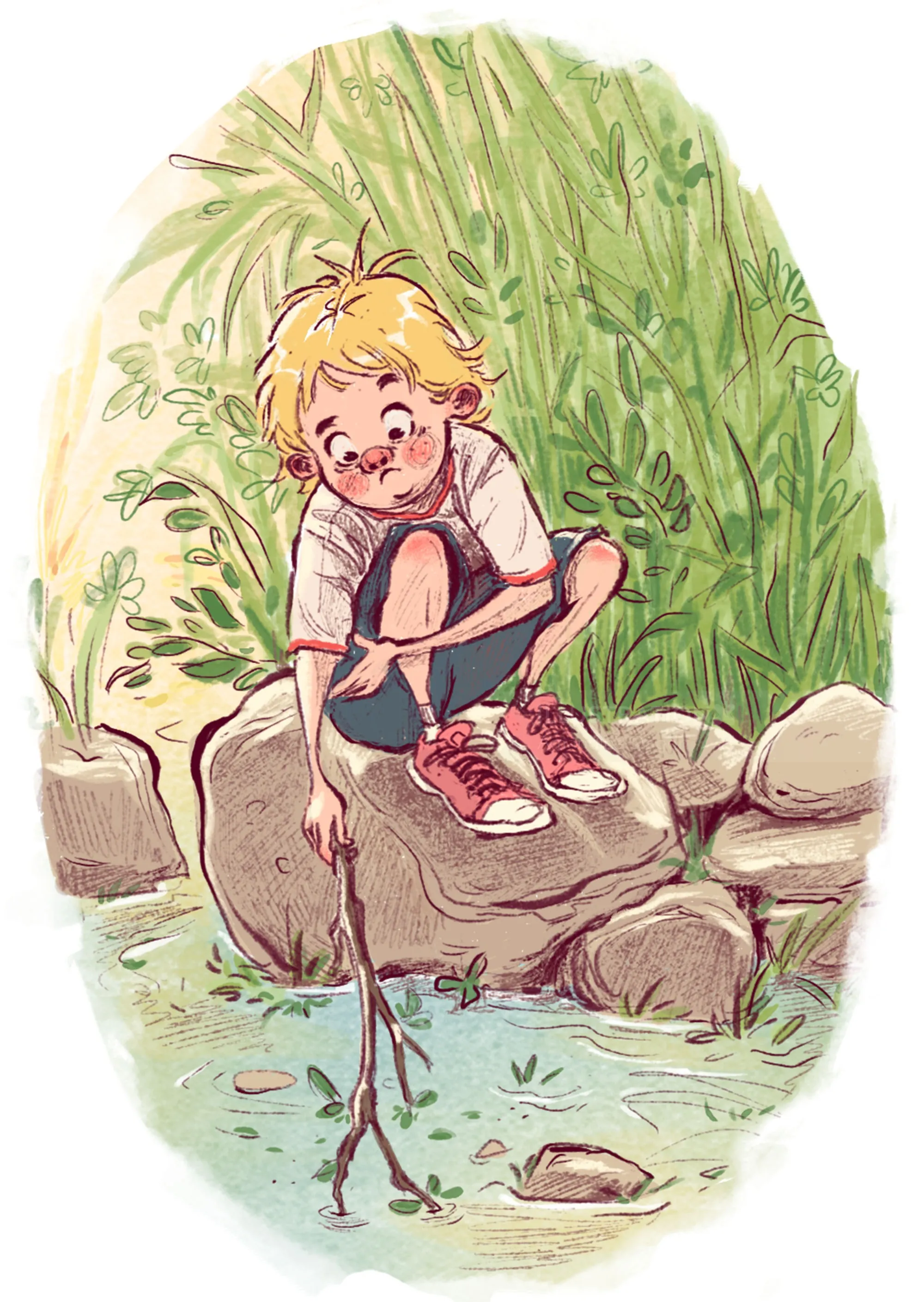 Young boy playing by a pond with a stick, illustration by Amandine Dugon