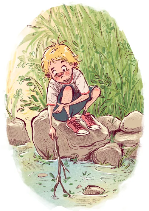 Young boy playing by a pond with a stick, illustration by Amandine Dugon
