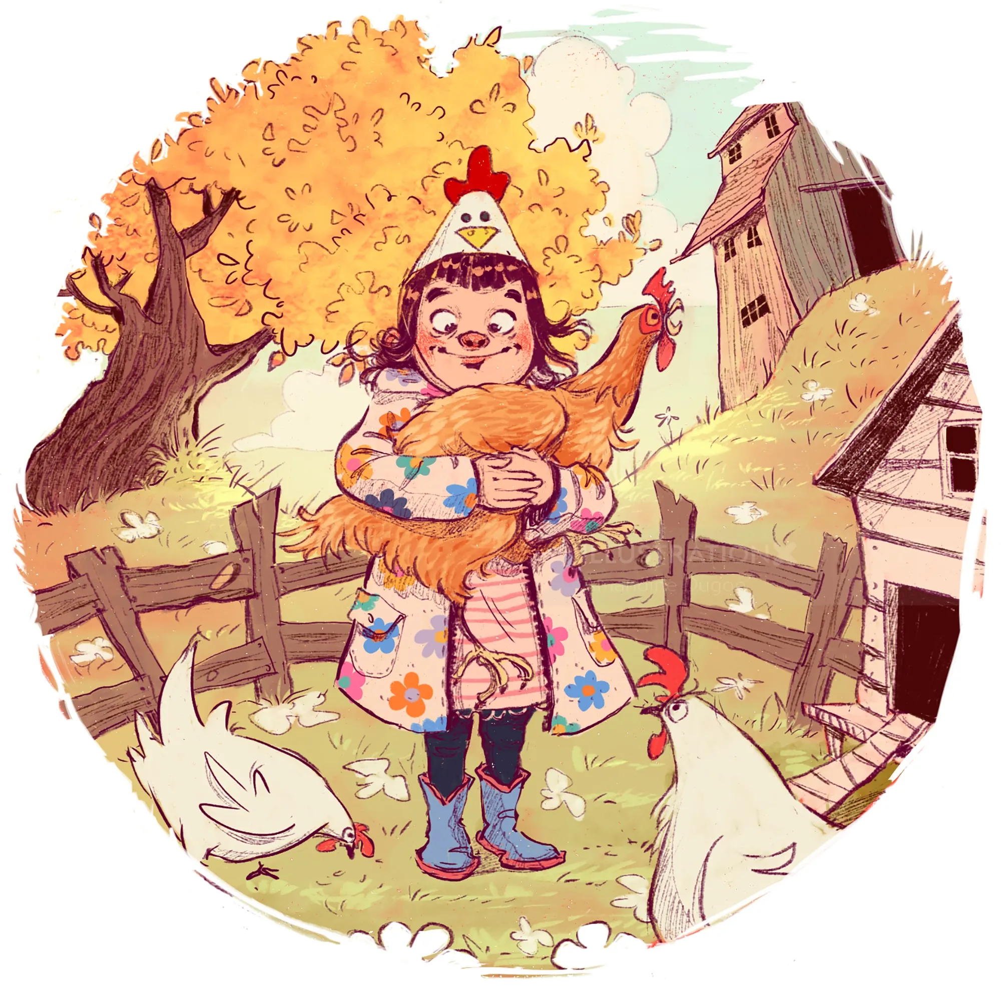Girl holding a chicken on a farm with other chickens by Amandine Dugon