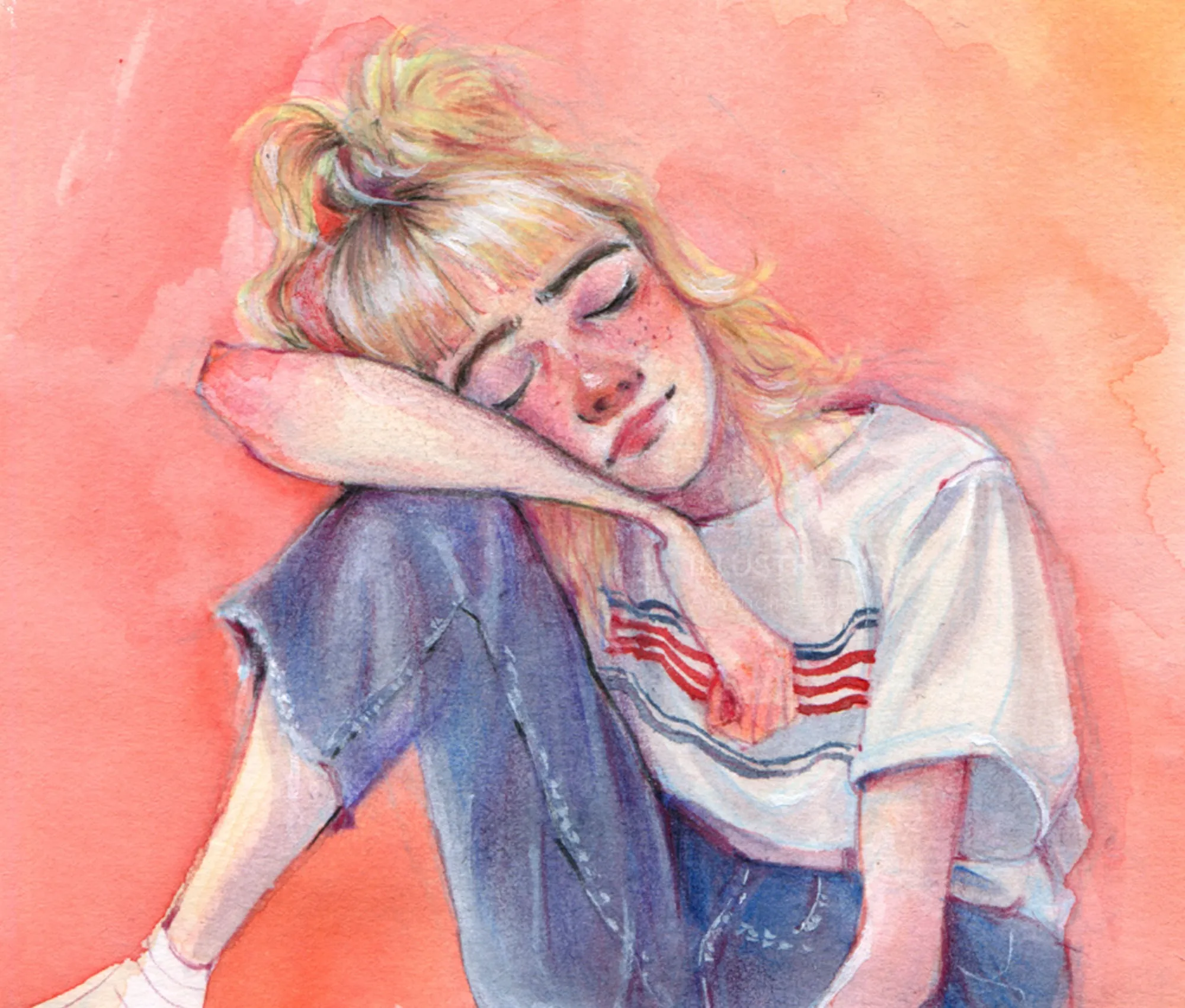 Watercolor painting of a young woman resting, eyes closed, by Amandine Dugon