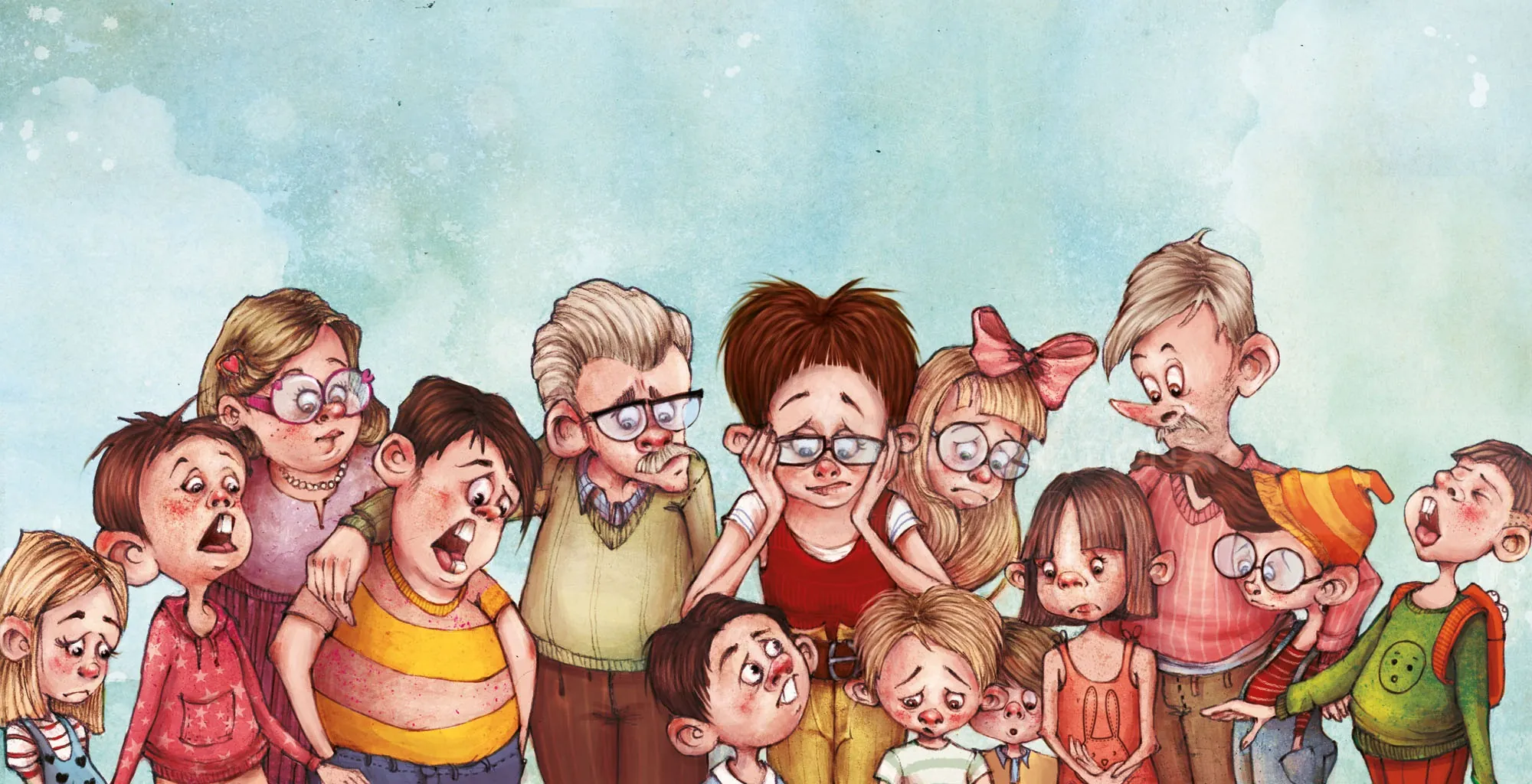 Cartoon characters with surprised expressions by Amandine Dugon