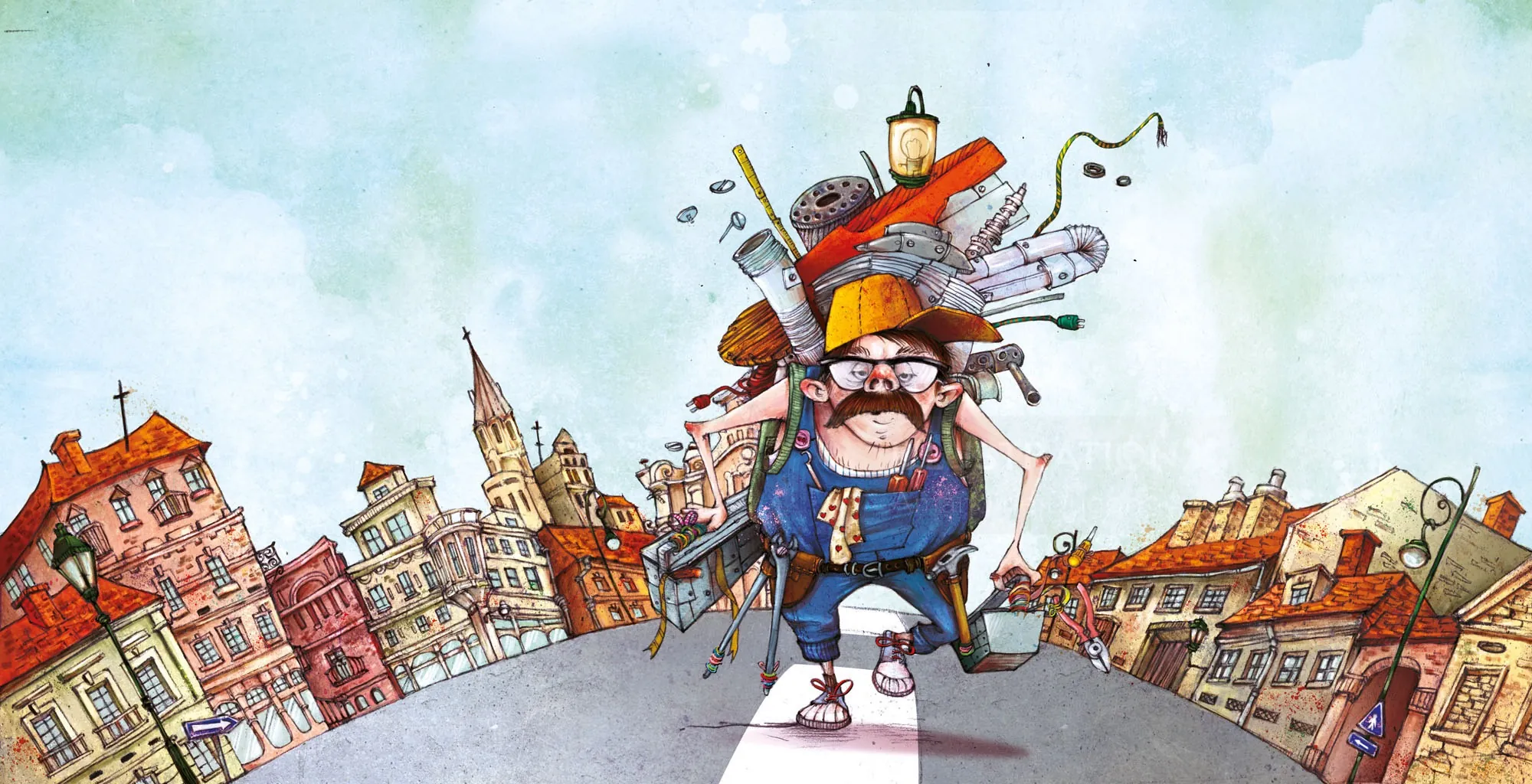 Cartoon man walking overloaded with household items by Amandine Dugon