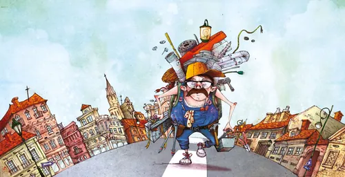 Cartoon man walking overloaded with household items by Amandine Dugon