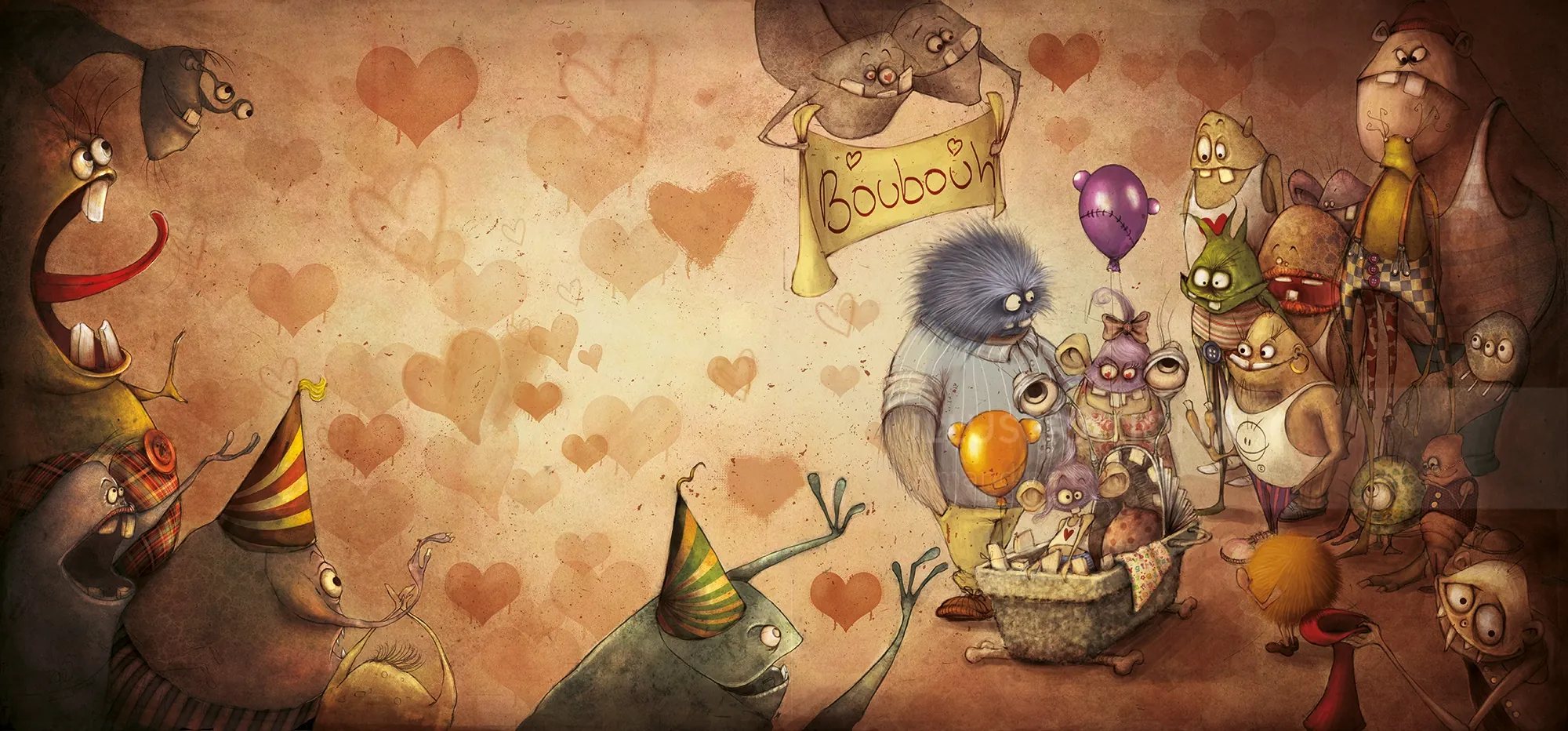 Whimsical animals at a colorful party scene by Amandine Dugon