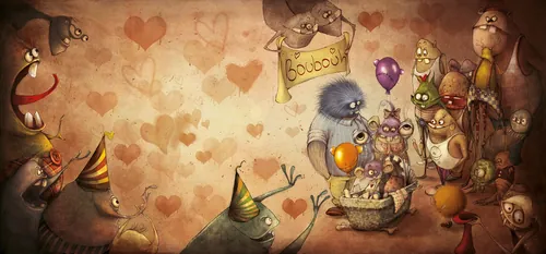 Whimsical animals at a colorful party scene by Amandine Dugon