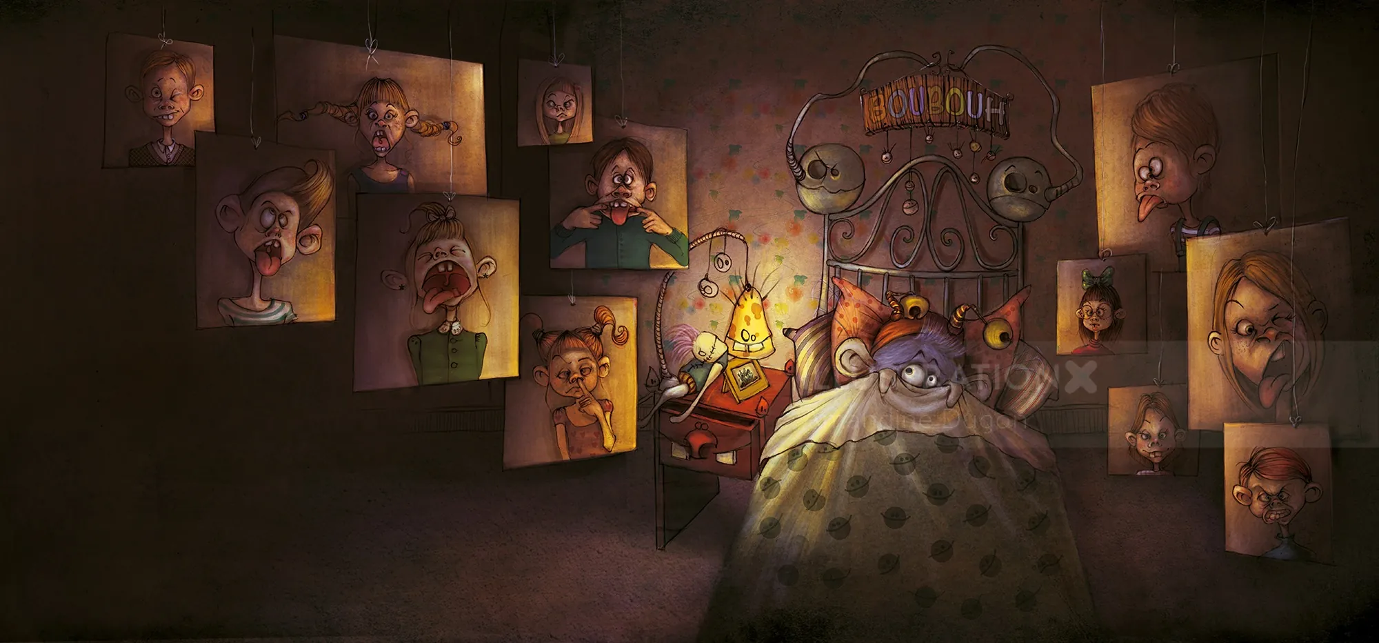 A child sleeping under a blanket surrounded by eerie portraits on the wall, by Amandine Dugon