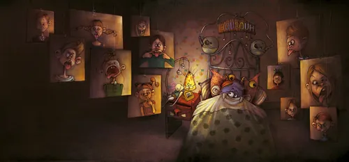 A child sleeping under a blanket surrounded by eerie portraits on the wall, by Amandine Dugon