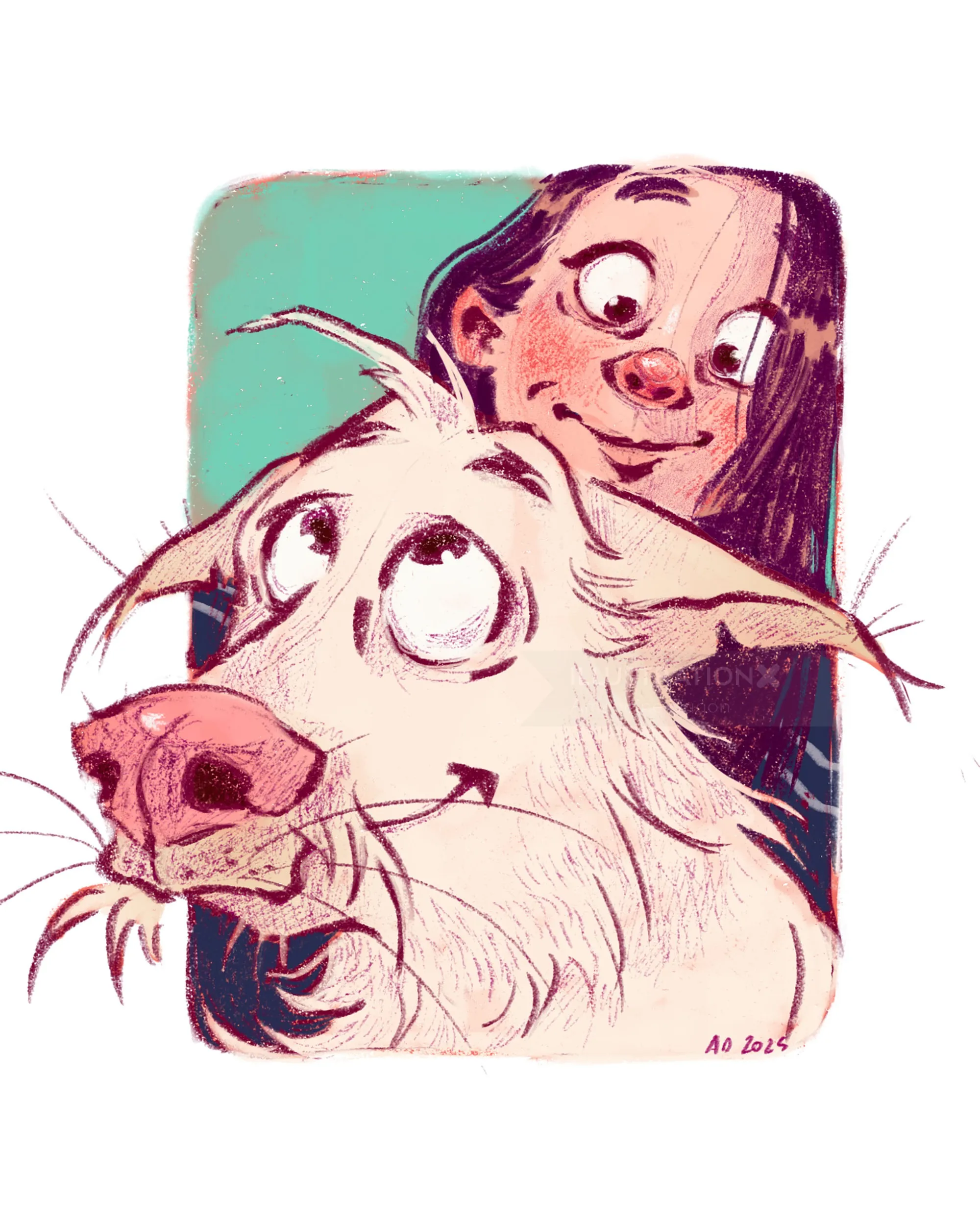 Girl hugging a large white dog with expressive eyes by Amandine Dugon