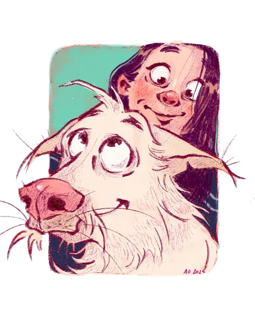 Girl hugging a large white dog with expressive eyes by Amandine Dugon