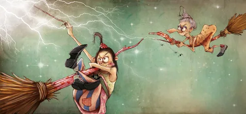Two witches flying on broomsticks in a storm by Amandine Dugon