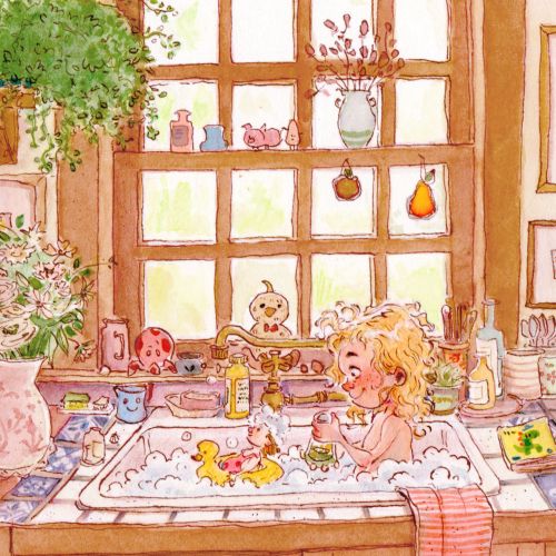 Child in bubble bath with bath toys by Amandine Dugon