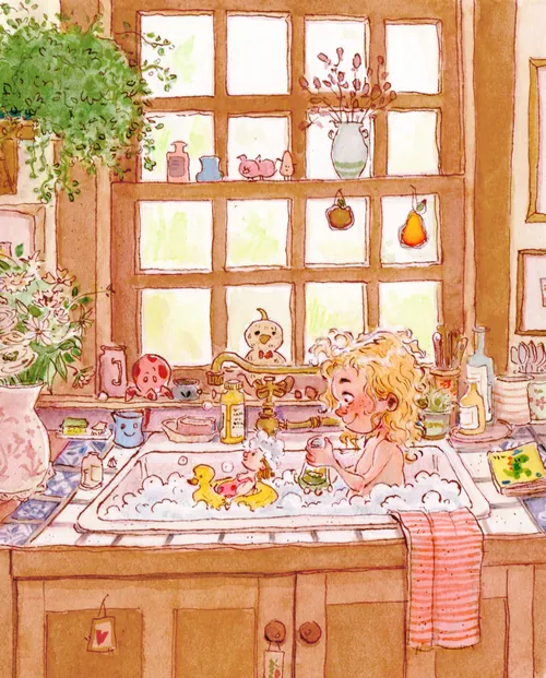 Child in bubble bath with bath toys by Amandine Dugon
