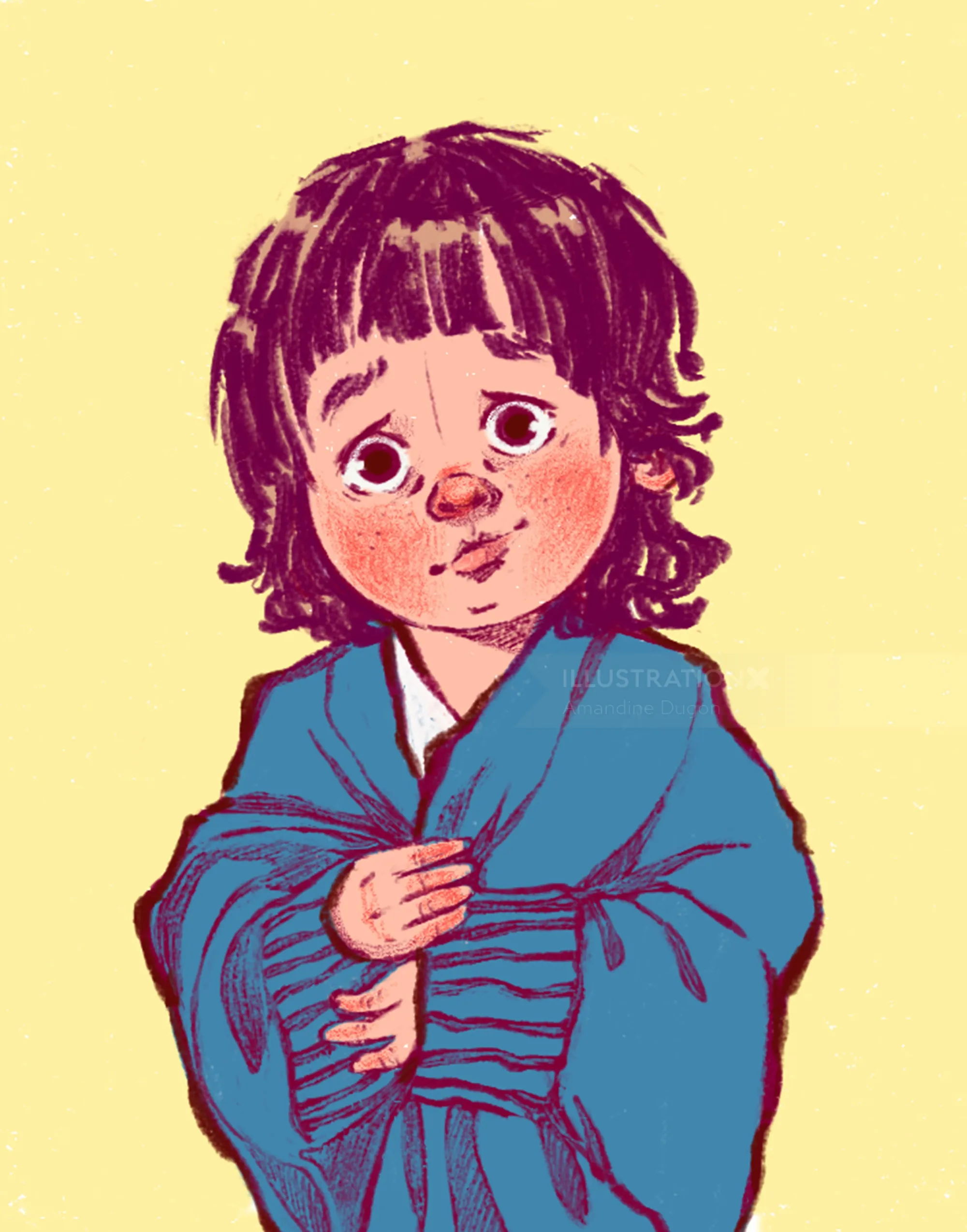 Illustration of a young child in a blue sweater by Amandine Dugon