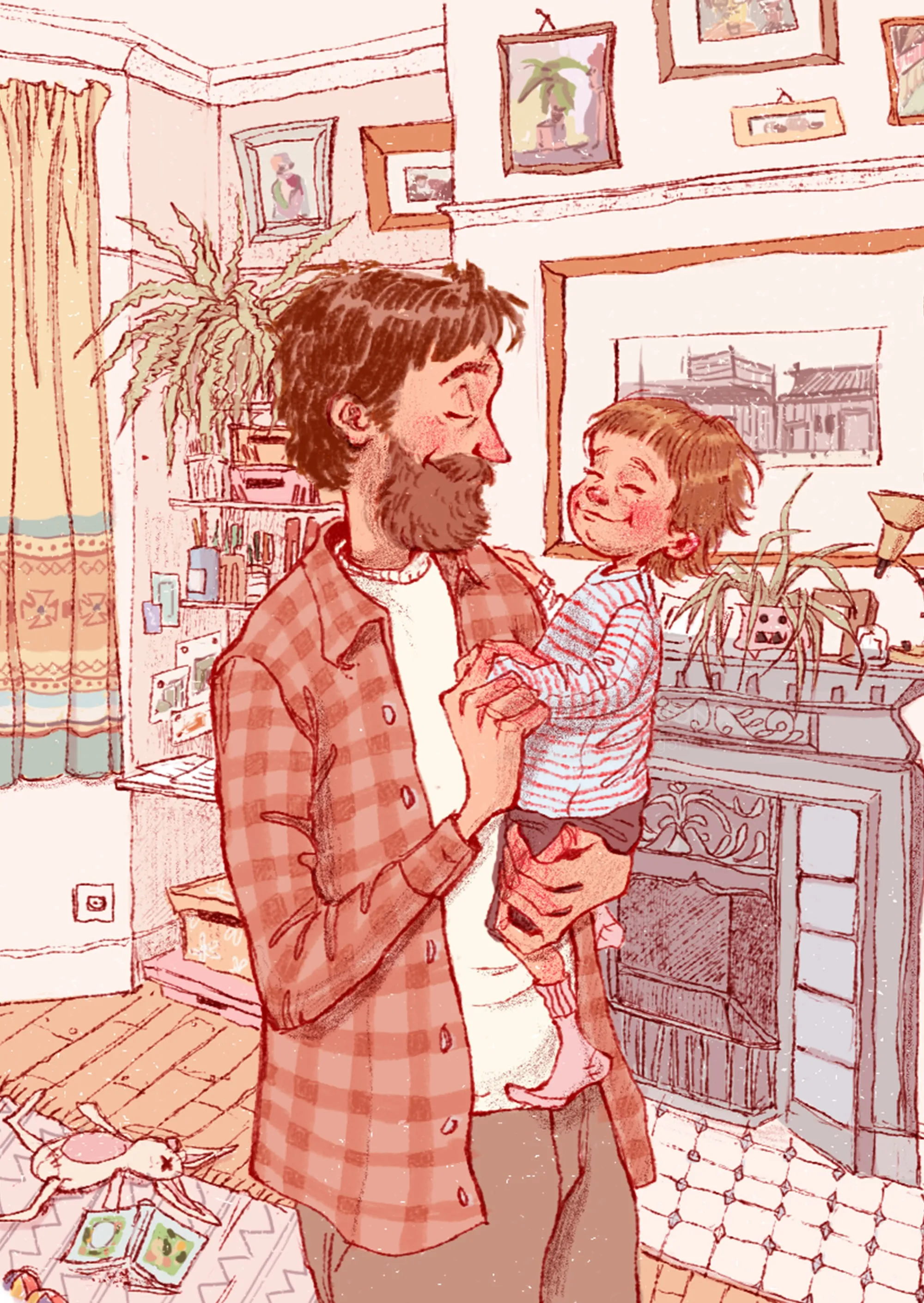 Amandine Dugon illustration of a man holding a smiling child in a cozy room