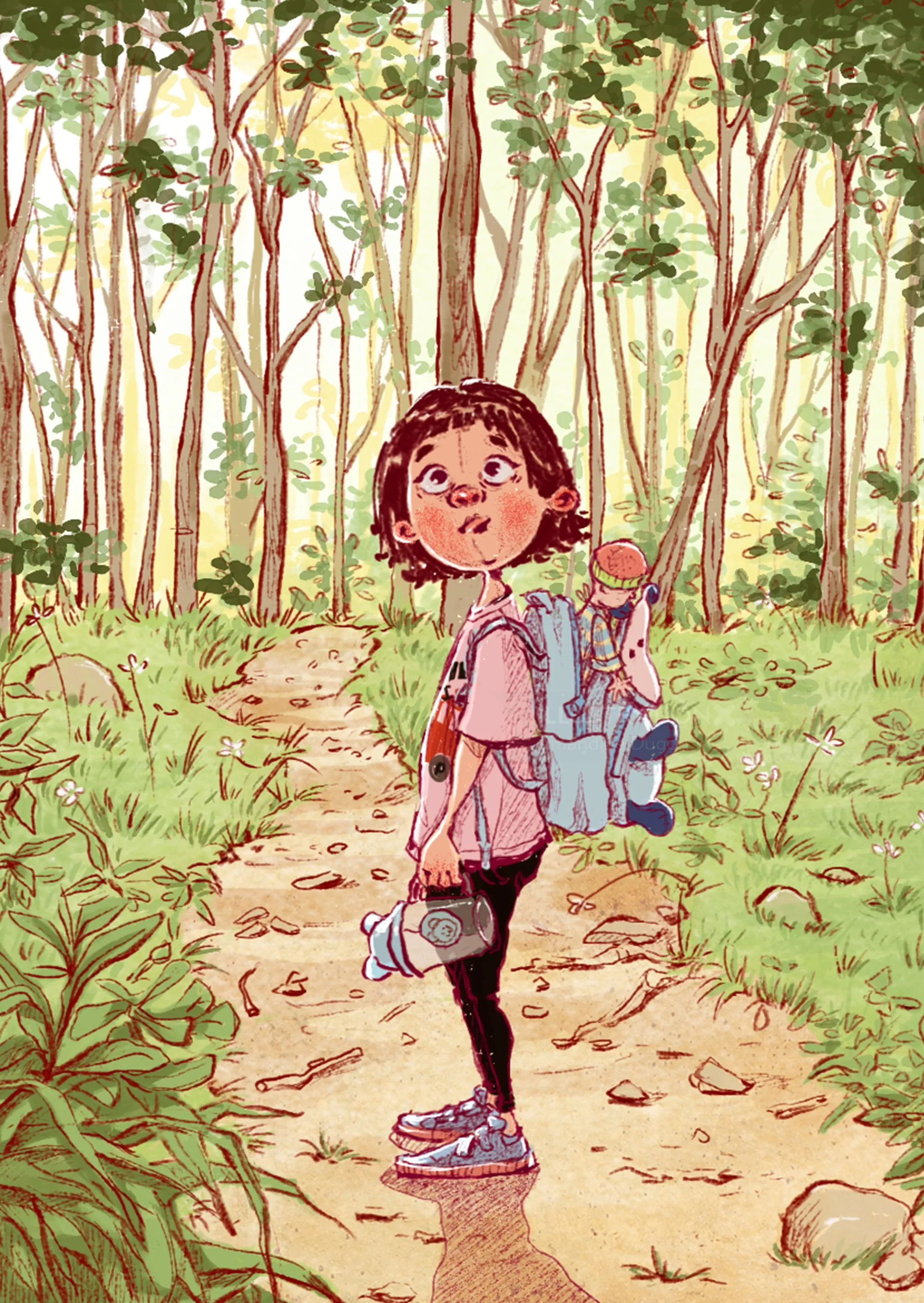 Young girl walking on a forest path wearing a backpack and holding binoculars by Amandine Dugon
