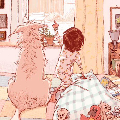 Child in pajamas pointing out window with dog and toys inside room by Amandine Dugon