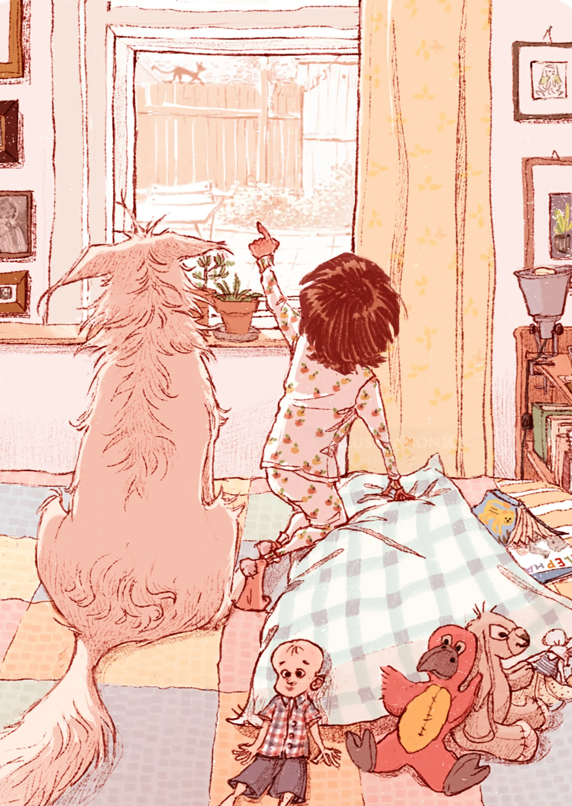 Child in pajamas pointing out window with dog and toys inside room by Amandine Dugon
