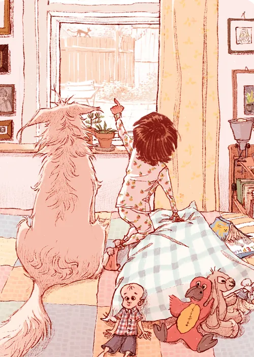 Child in pajamas pointing out window with dog and toys inside room by Amandine Dugon