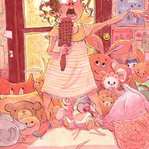 Illustration of girl holding doll surrounded by stuffed animals by Amandine Dugon