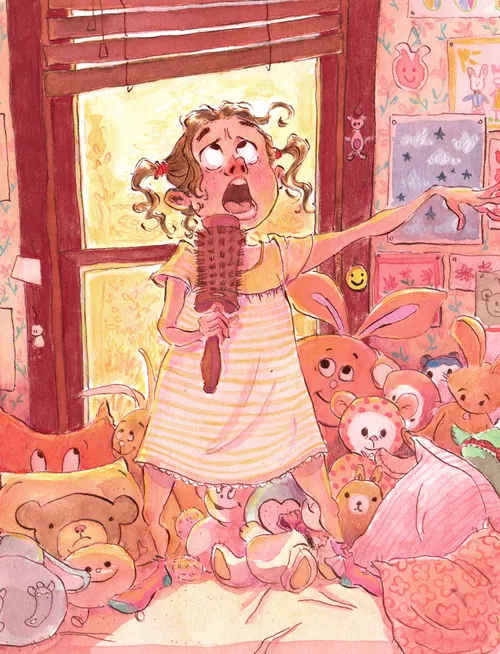 Illustration of girl holding doll surrounded by stuffed animals by Amandine Dugon
