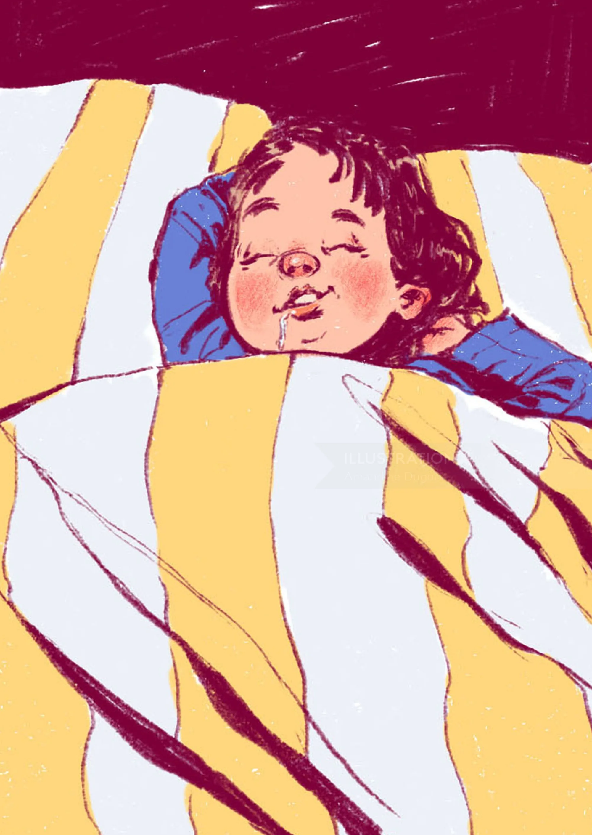 Child resting peacefully under a yellow blanket, illustration by Amandine Dugon