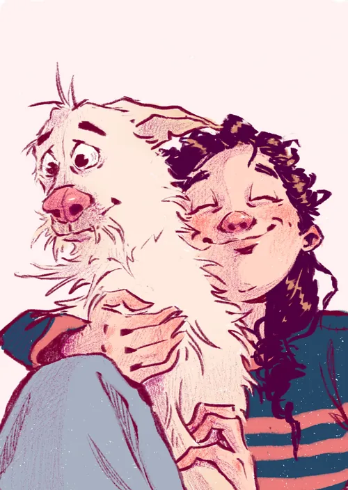 Woman hugging a large fluffy dog smiling, illustration by Amandine Dugon