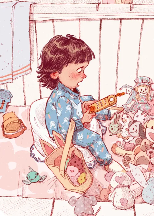 Illustration of a child playing with toys by Amandine Dugon