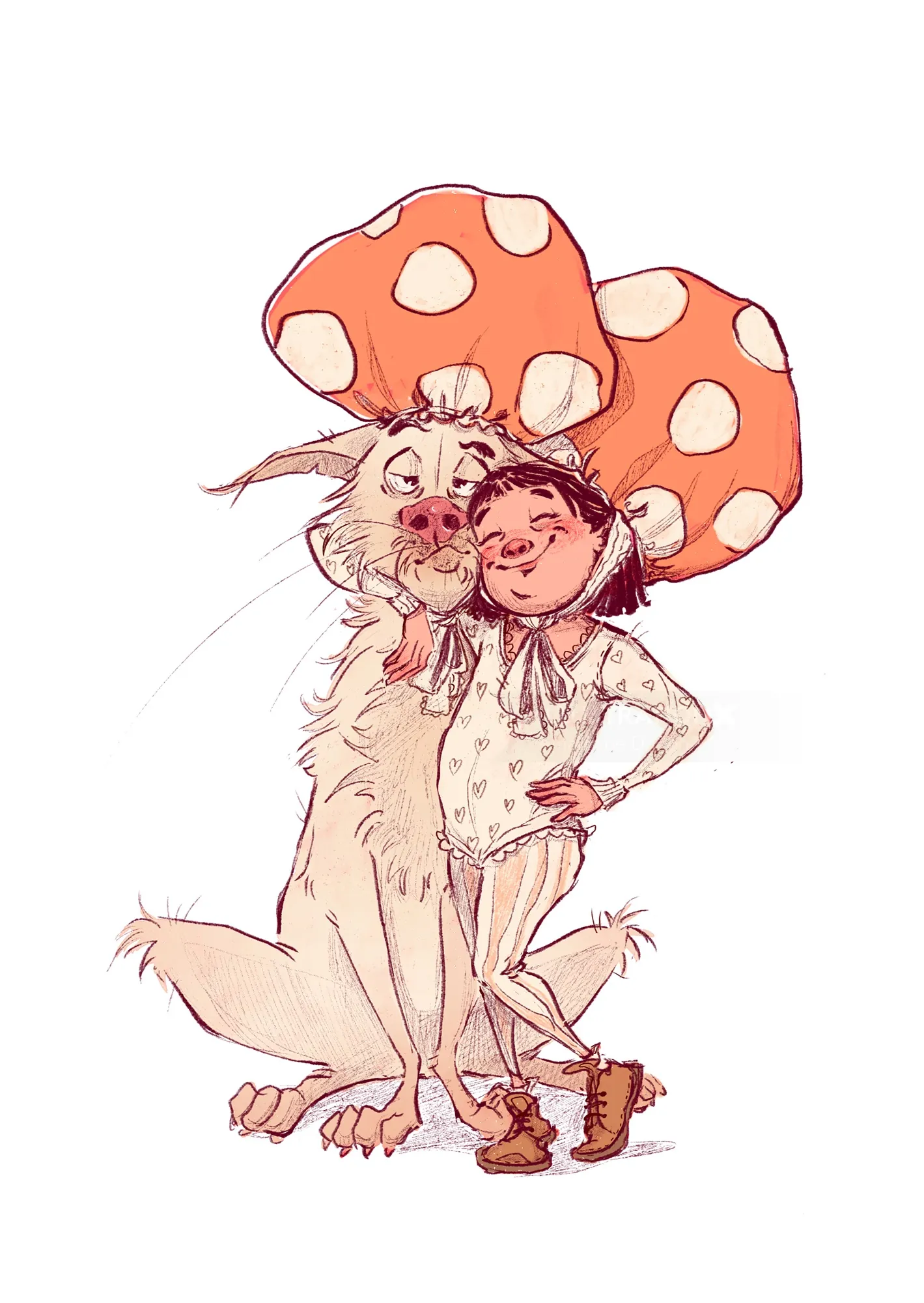 Little girl hugging dog both wearing red mushroom hats by Amandine Dugon