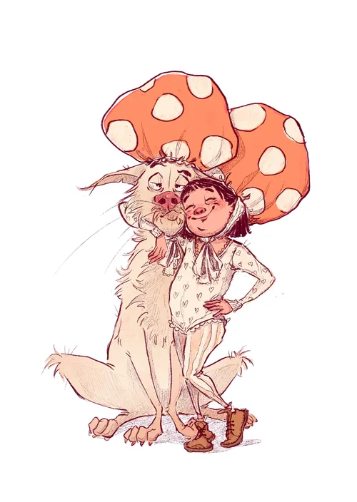 Little girl hugging dog both wearing red mushroom hats by Amandine Dugon