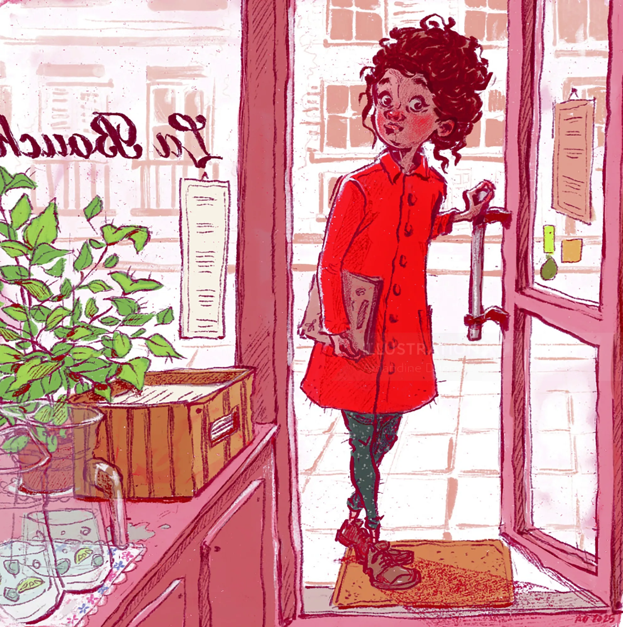 Illustration of girl in red coat opening restaurant door by Amandine Dugon
