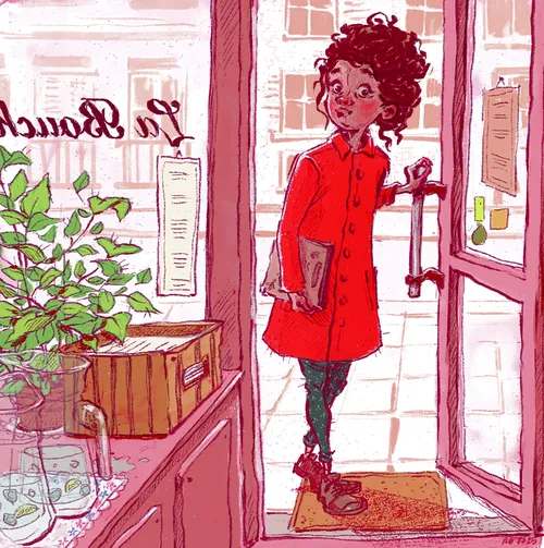 Illustration of girl in red coat opening restaurant door by Amandine Dugon