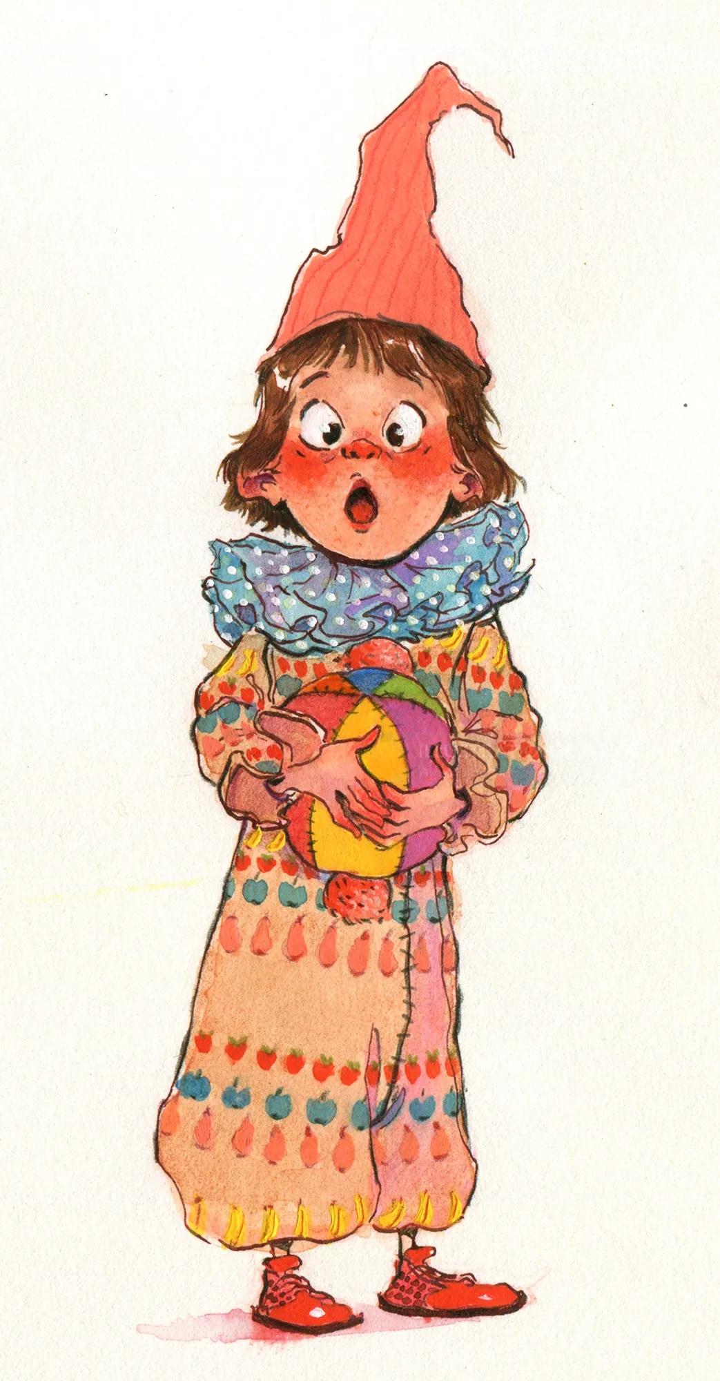 Surprised girl in colorful pajamas and red hat holding a ball by Amandine Dugon