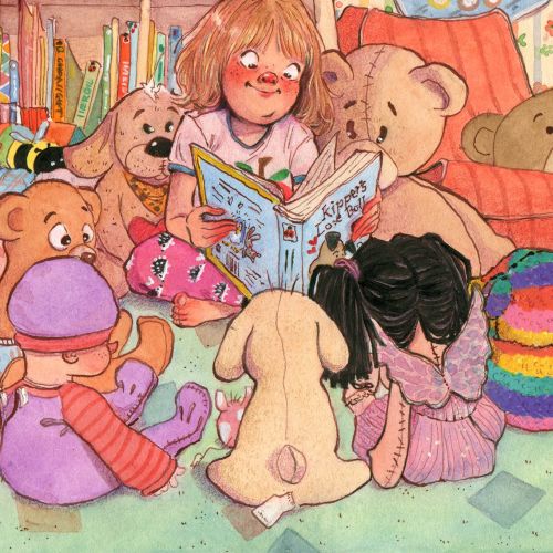 Children reading book to stuffed animals by Amandine Dugon