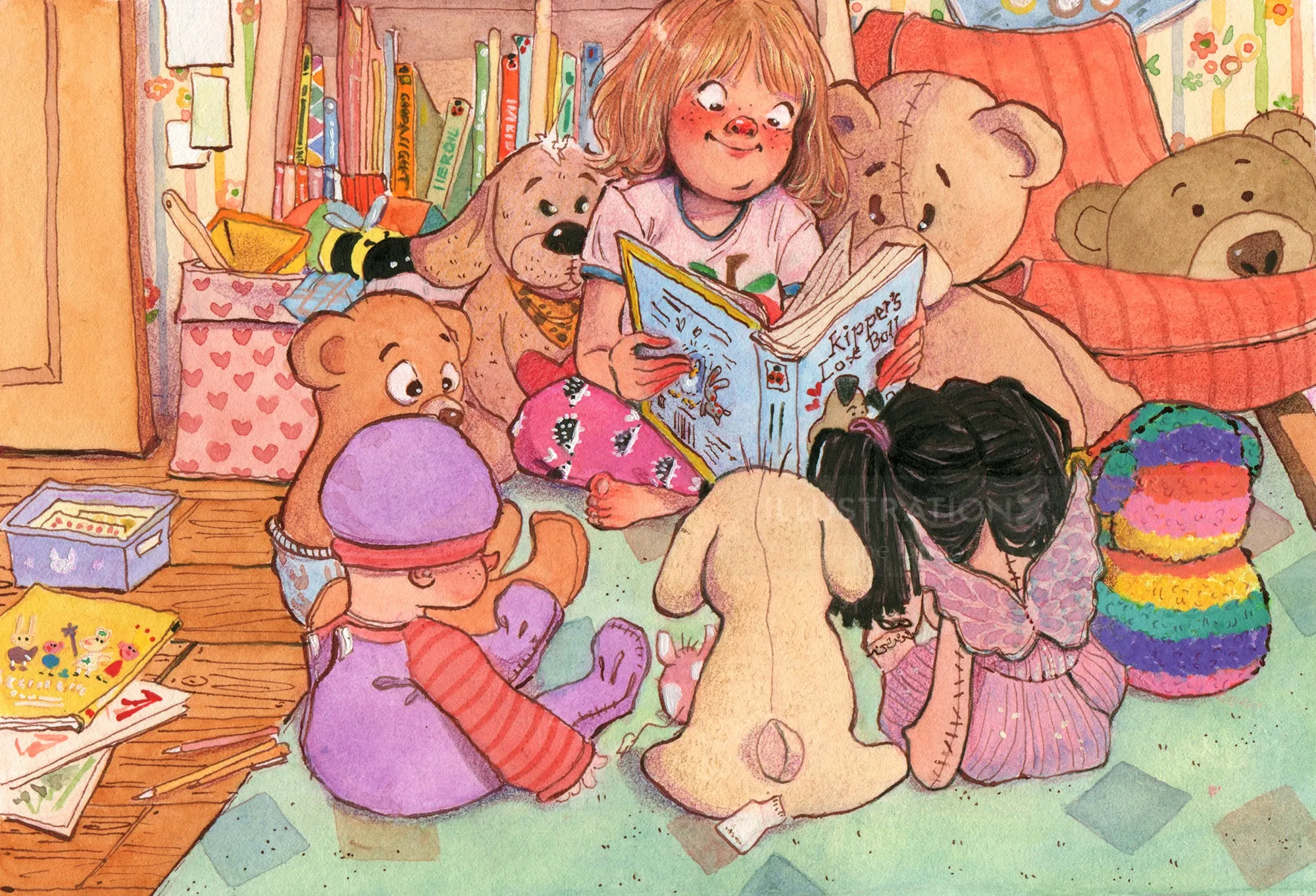 Children reading book to stuffed animals by Amandine Dugon