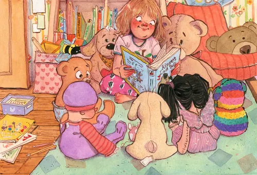 Children reading book to stuffed animals by Amandine Dugon